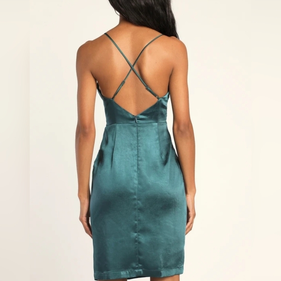 NWT Lulu's Hot Night Out Teal Green Satin Surplice Faux-Wrap Dress - Picture 2 of 4